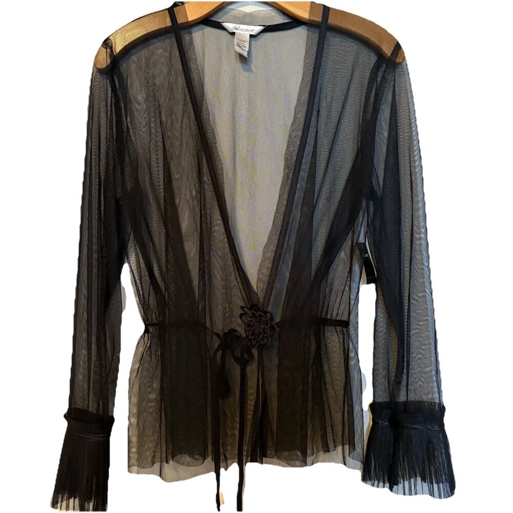 Vintage Delicates‎ Black Mesh Long Sleeve Sheer Top Pleated Cuffs SZ M